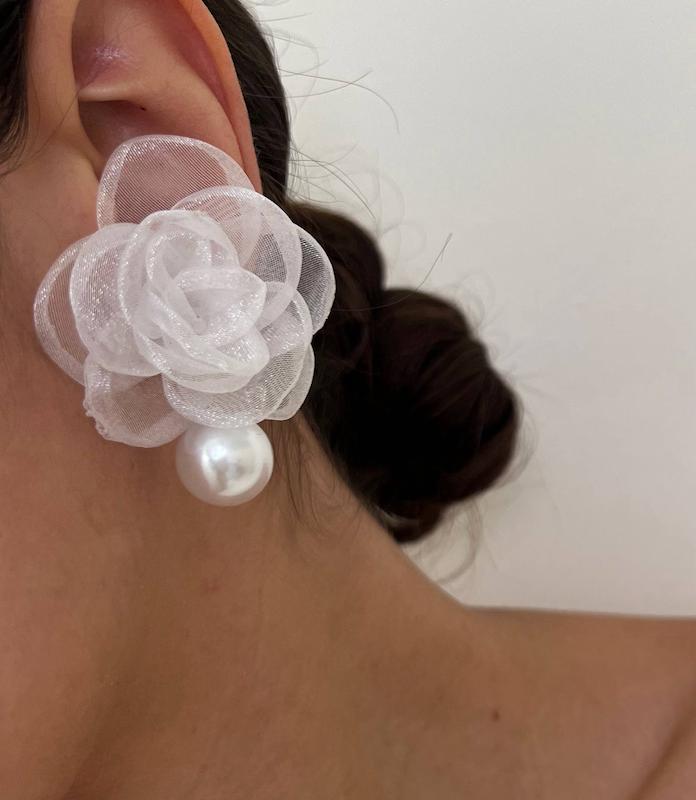 گوشواره گل پارچه ای مروارید آویز