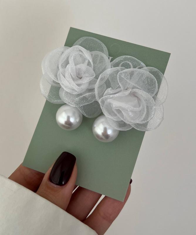 گوشواره گل پارچه ای مروارید آویز