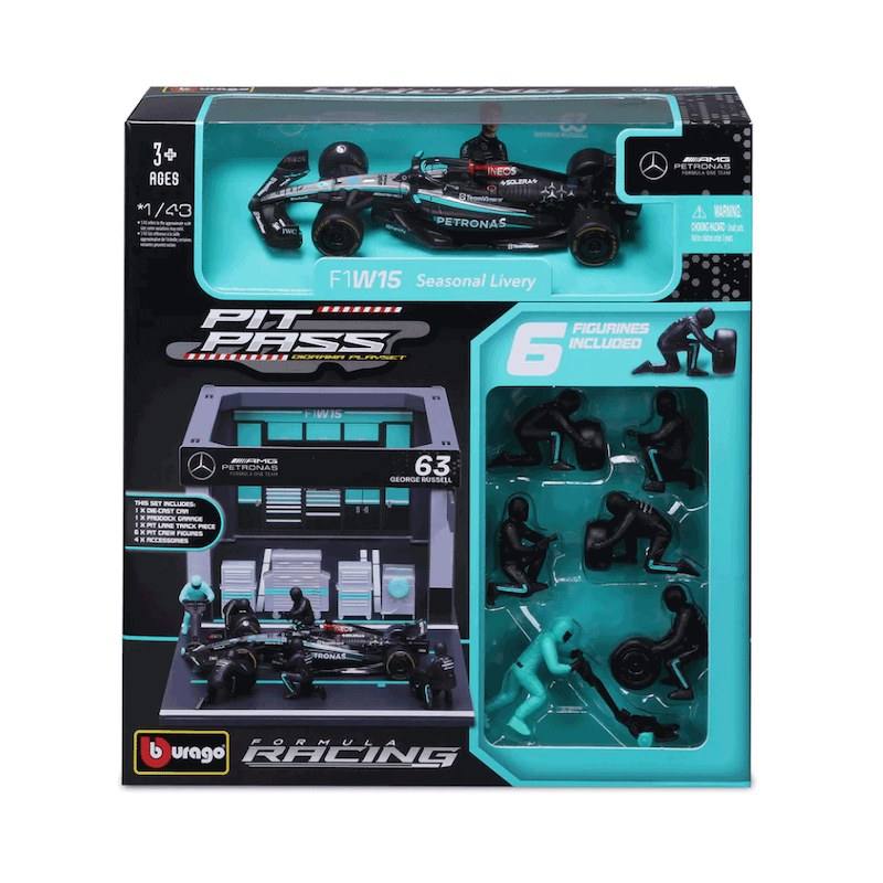 ماکت Pit Pass بوراگو مرسدس بنز AMG W15 مقیاس 1:43 Bburago F1 Mercedes F1 Team AMG W15 2024 Pit Pass Diorama George Russell