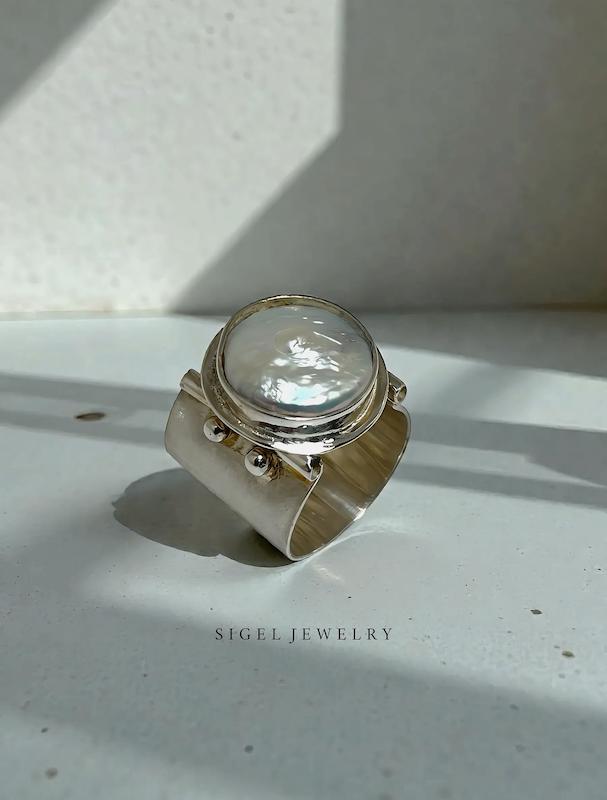 انگشتر نقره مروارید تخت