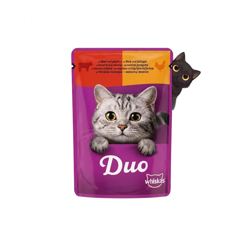 پوچ گربه ویسکاس مدل Duo طعم‌ گوشت گاو و پرندگان 85گرم