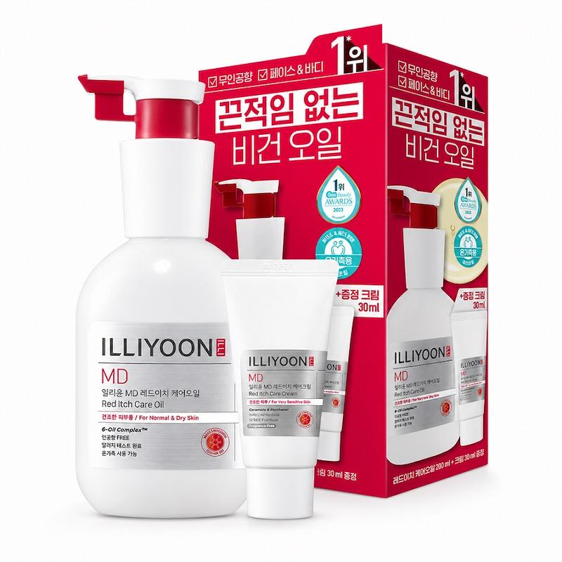 ست روغن تسکین‌دهنده و کرم ترمیم‌کننده MD رد ایچ کر ایلی‌یون | ILLIYOON MD Red Itch Care Oil 200ml Set (+Cream 30ml)