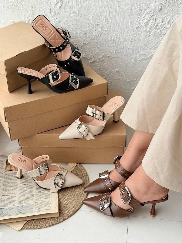 صندل ZARA دو سگک قابل تنظیم پاشنه 7 سانت پشت باز یراق خارجی