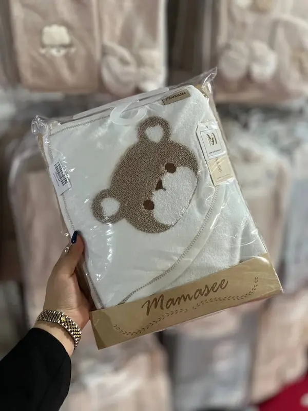 حوله کلاهدار(کلاه دار) نوزادی طرح خرس تدی پوزه سفید برند ماماسی Mamasee 