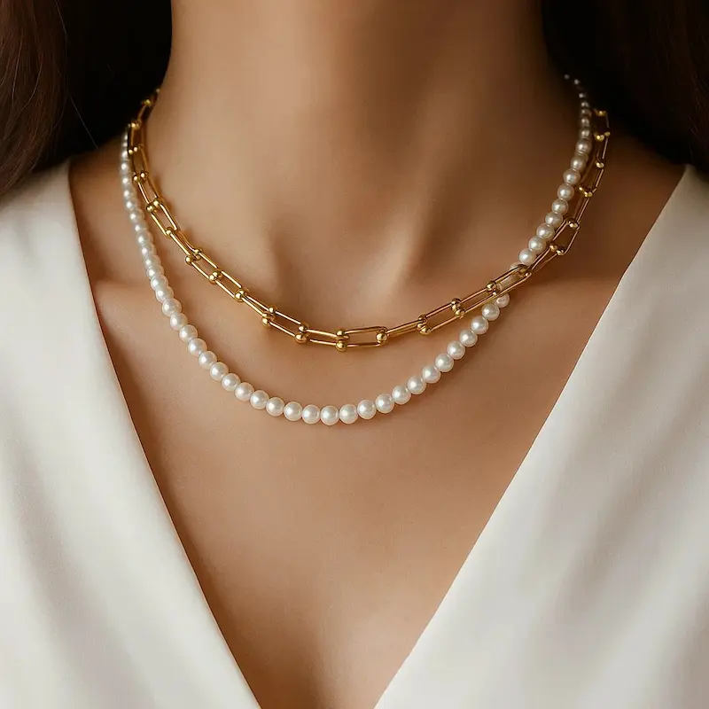 گردنبند دوقلو طلایی مرواریدی استیل