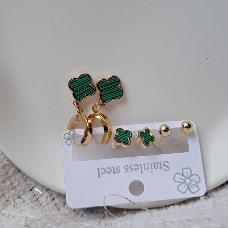  پک گوشواره طلایی گل سبز ونکیلیفی سه عددی استیل