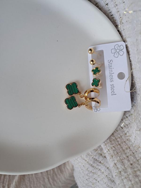  پک گوشواره طلایی گل سبز ونکیلیفی سه عددی استیل