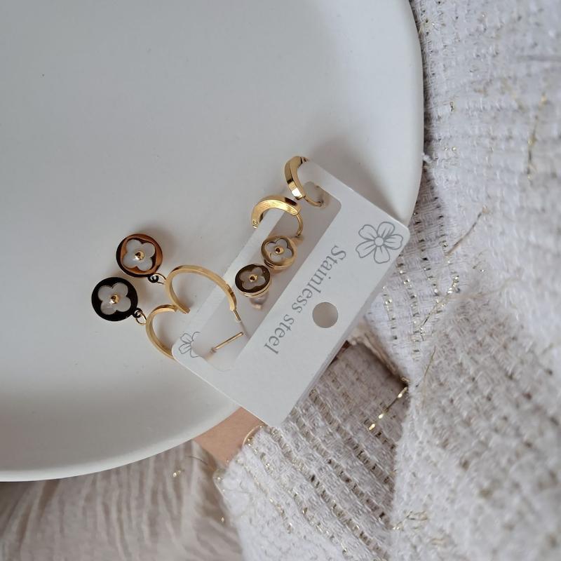  پک گوشواره طلایی ونکیلیف گل سفید سه عددی استیل