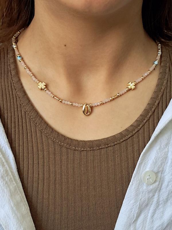 گردنبند صورتی طلایی مرواریدی صدفی کد1243