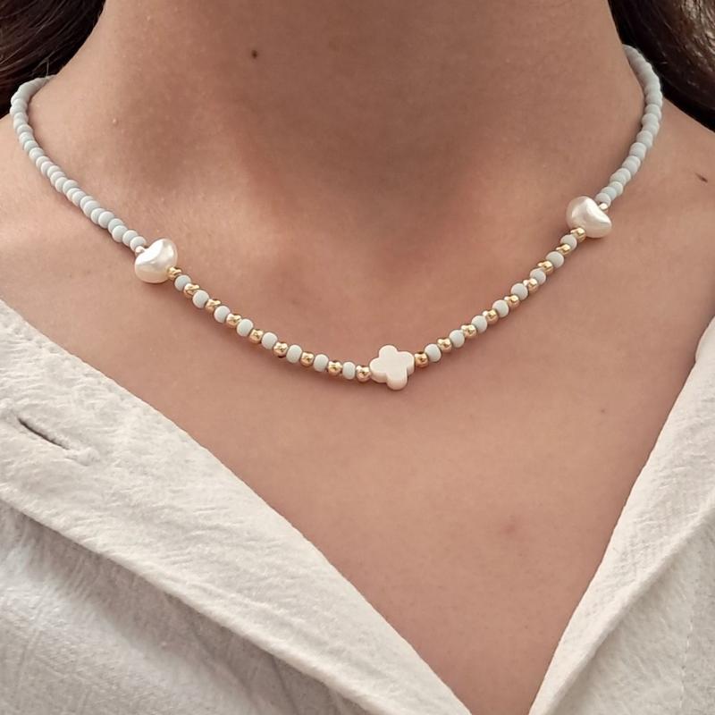 گردنبند آبی پاستیلی مرواریدی ونکیلیفی قلبی