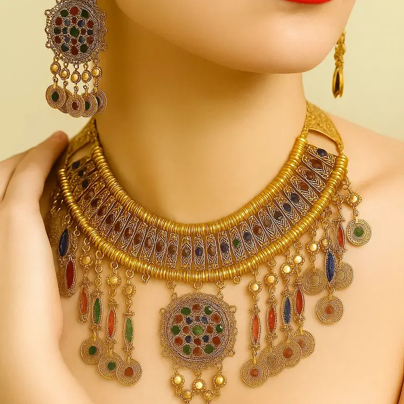 ست گردنبند گوشواره و پیشانی ریز وقار سربی طلایی