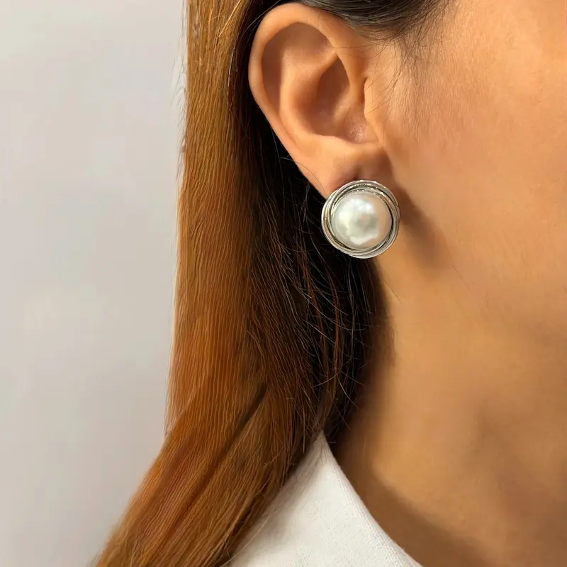 گوشواره نقره‌ای مرواریدی استیل میخ نقره فشن