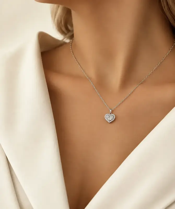 گردنبند قلب نقره‌ای فشن روی گردن مدل