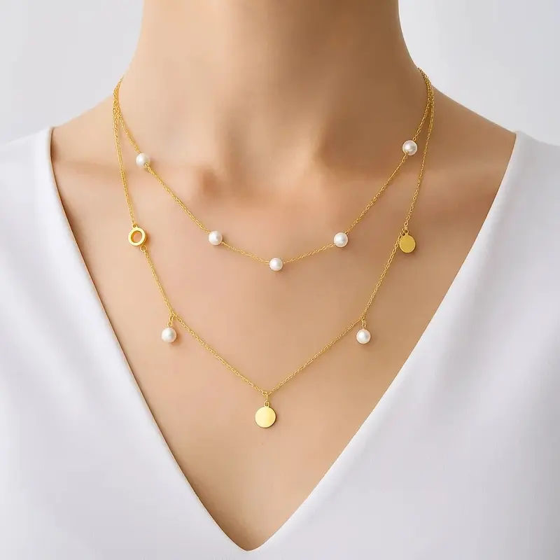 گردنبند دوقلو طلایی مرواریدی استیل