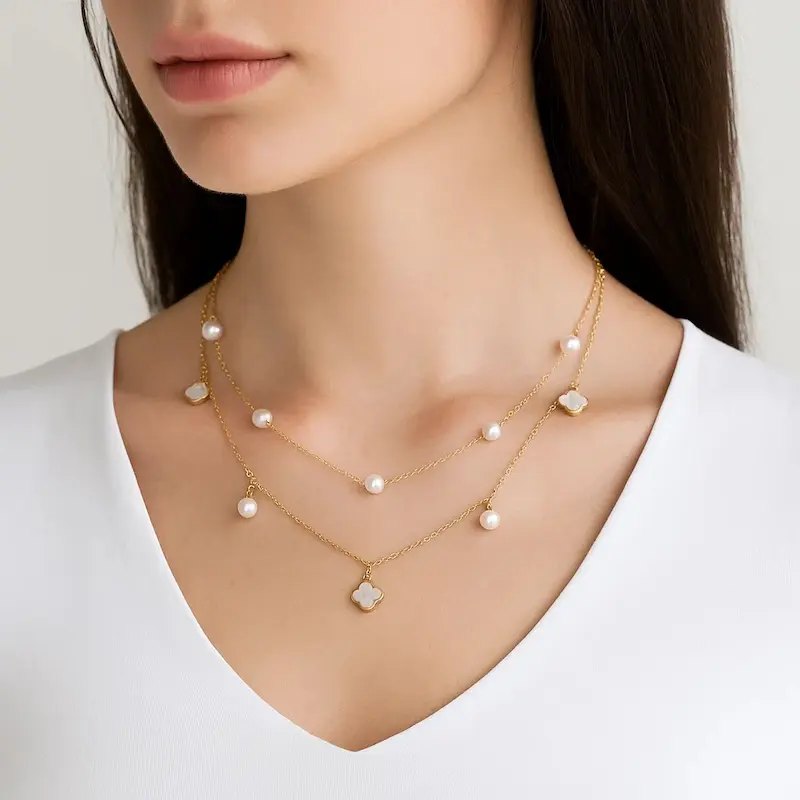 گردنبند دوقلو طلایی مرواریدی ونکیلیفی استیل