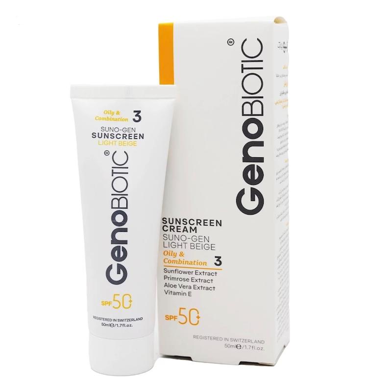 کرم ضدآفتاب رنگی بژ روشن ژنوبایوتیک، SPF50 شماره 3 پوست چرب (ضد آفتاب) 7460