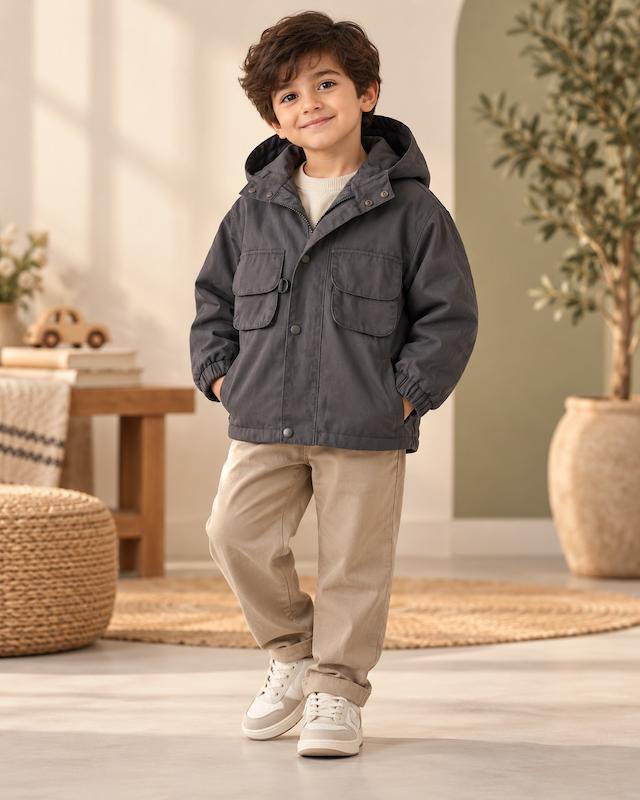 سوئیشرت کتان آستر دار | Kids Hooded Utility Jacket
