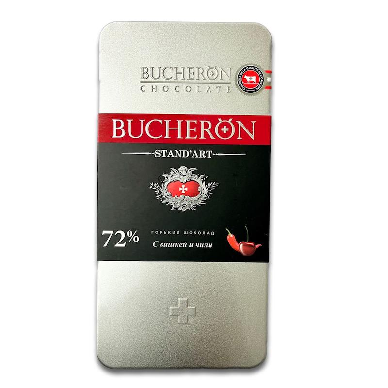 شکلات تخته ای 72 درصد بوچرون جعبه فلزی طعم گیلاس و فلفل قرمز 100 گرم- Bucheron