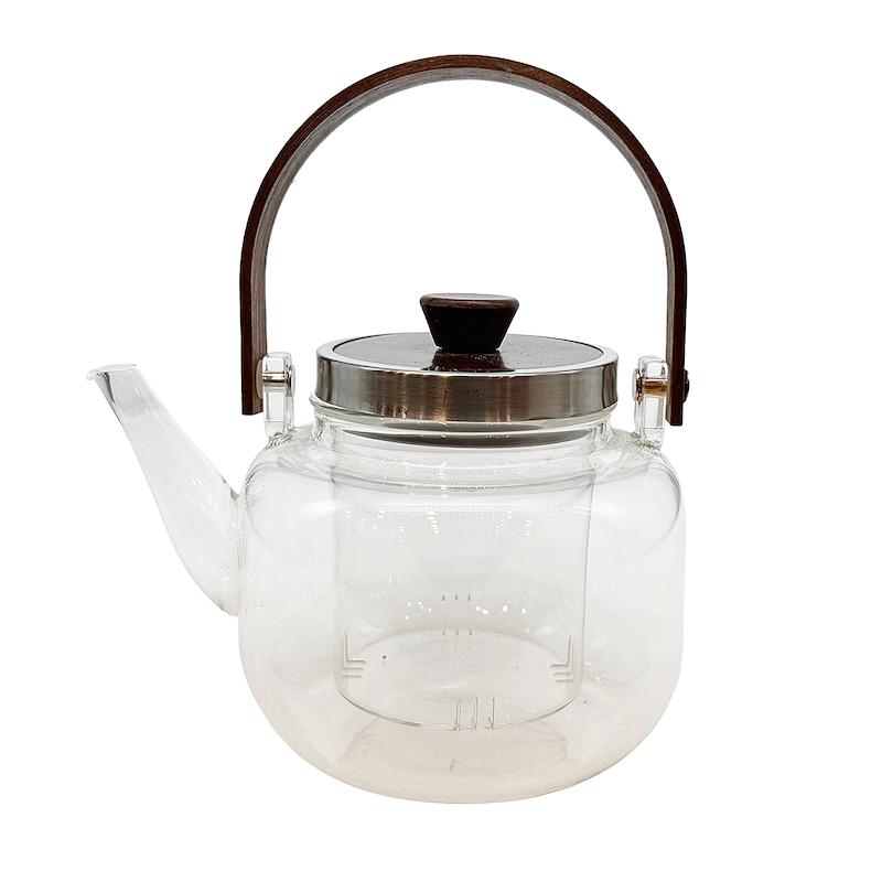 قوری پیرکس با دسته چوبی و فریم استیل شفاف