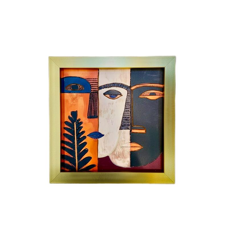 تابلو دکوراتیو کوبیسم و آبستره، طرح "سه چهره" با فریم طلایی