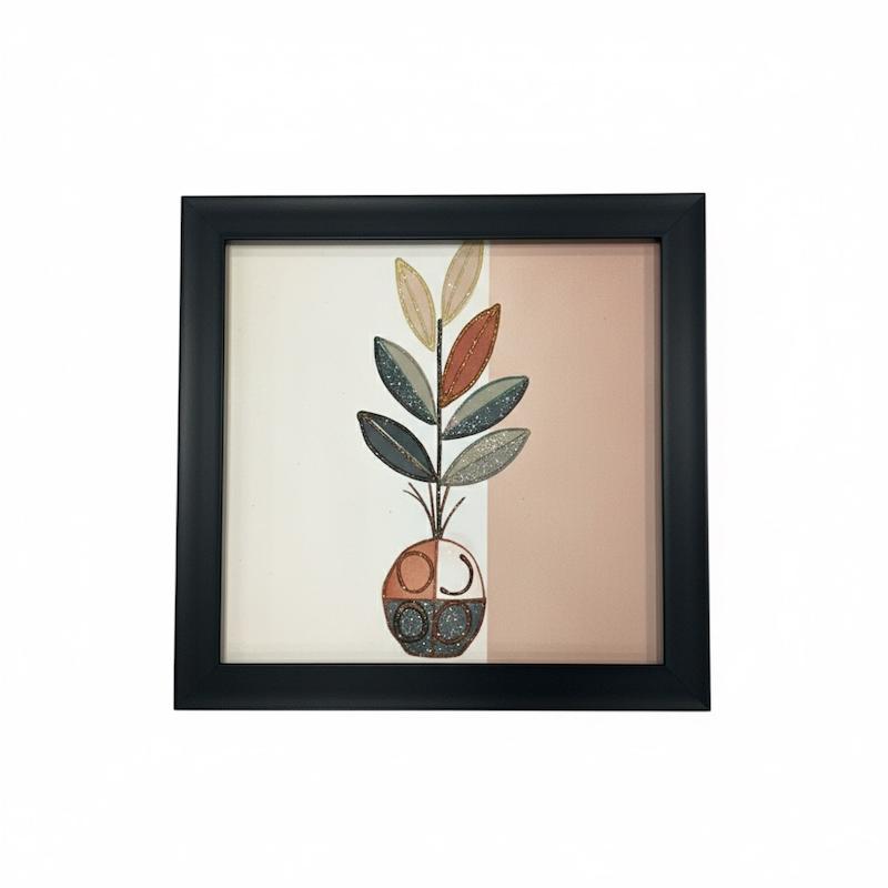 تابلو دکوراتیو مدرن 30*30 سانتی متر طرح برگ و گلدان، برجسته