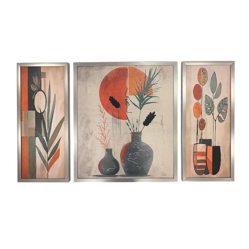 تابلو دکوراتیو برجسته سه تیکه گل و‌گلدون با فریم نقره ای