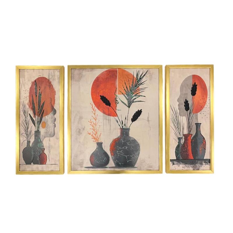 تابلو دکوراتیو برجسته سه تیکه گل و‌گلدون با فریم طلایی