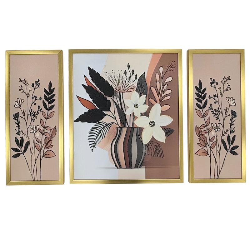 تابلو دکوراتیو برجسته سه تیکه گل صحرایی و گلدون