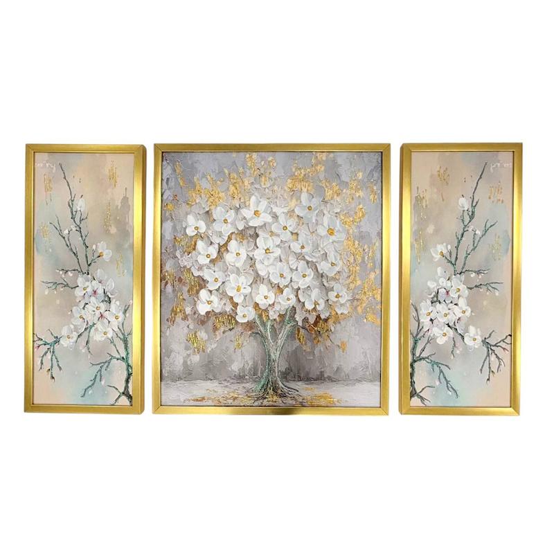 تابلو دکوراتیو برجسته سه تیکه شکوفه ژاپنی گلد