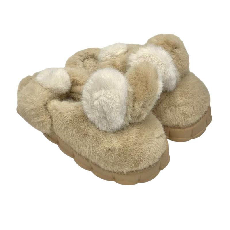 دمپایی روفرشی خزدار مدل خرگوشی کرم