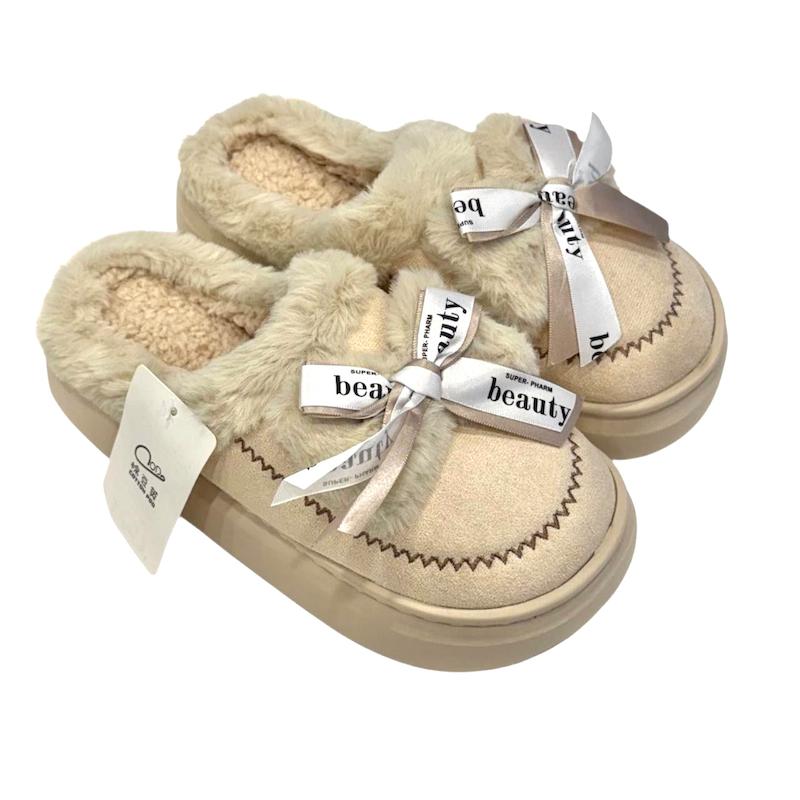 دمپایی روفرشی خزدار زنانه مدل پاپیونی کرم