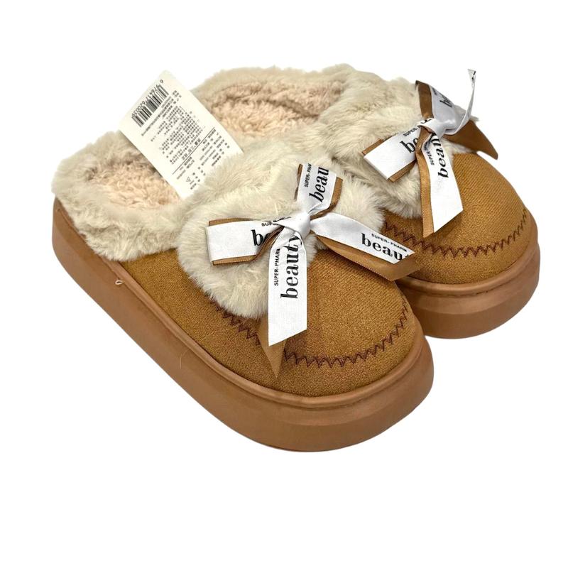 دمپایی روفرشی خزدار زنانه مدل پاپیونی شتری