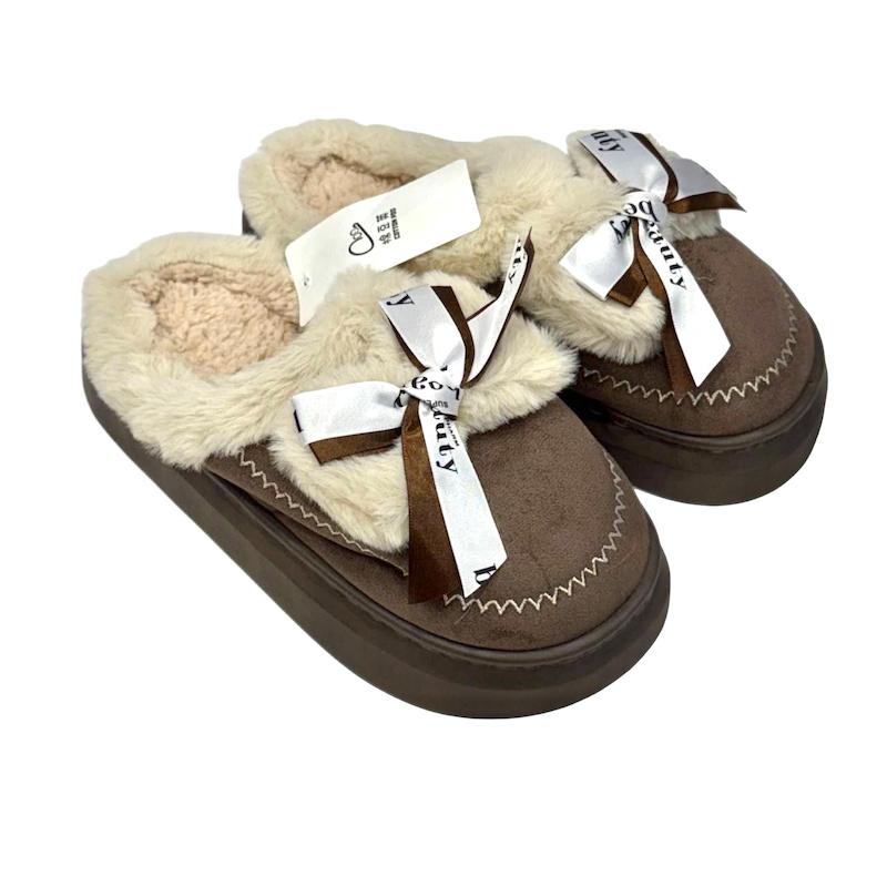 دمپایی روفرشی خزدار زنانه مدل پاپیونی قهوه ای