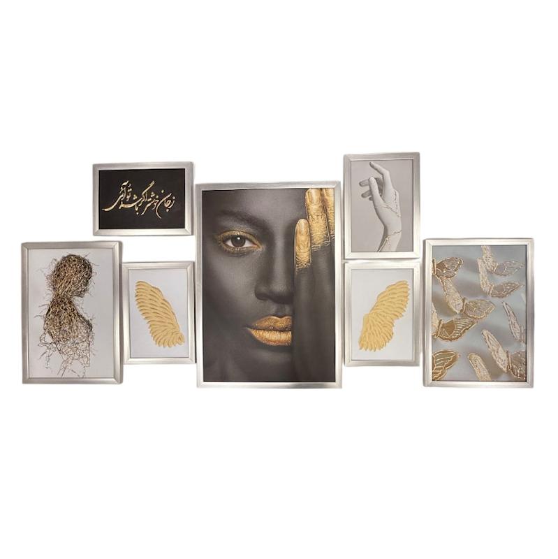 تابلو دکوراتیو 7 تکه مدرن با فریم PVC و طرح برجسته نقره ای