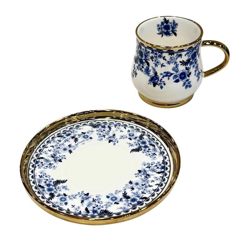 فنجان و نعلبکی چای‌خوری ۶ عددی وارداتی گل آبی (همراه جعبه کادویی)