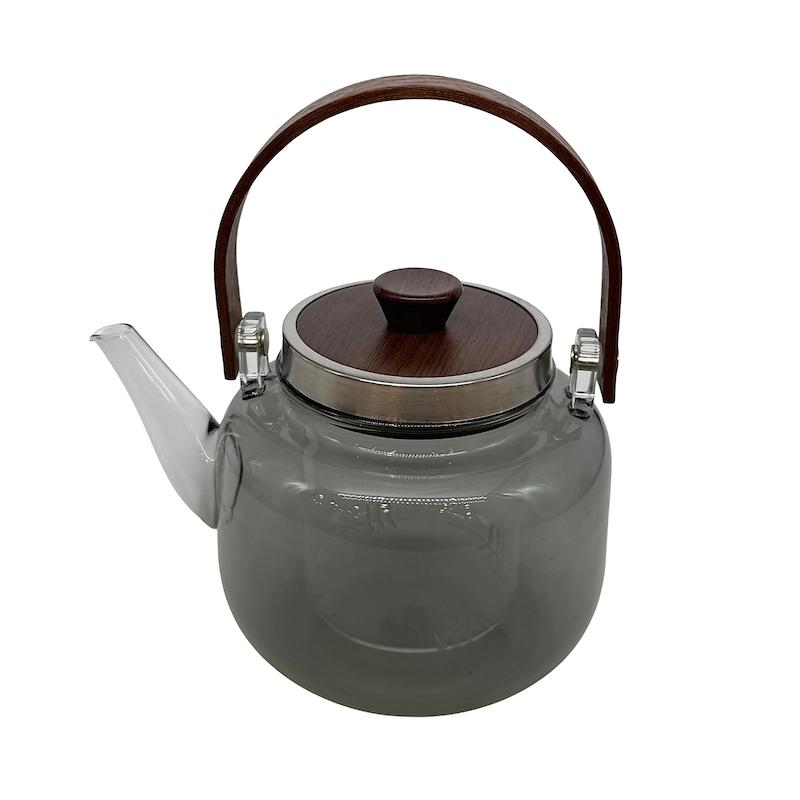 قوری دودی پیرکس با دسته چوبی و فریم استیل دودی