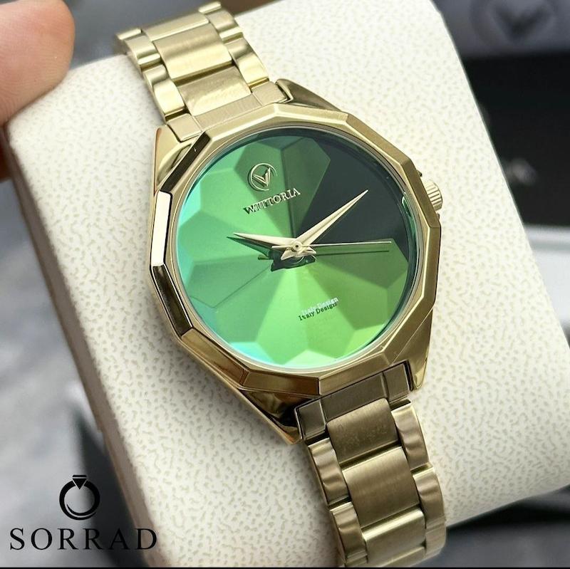 ساعت ویتوریا زنانه / ساده بند استیل رنگ طلایی صفحه الماسی سبز (اورجینال)