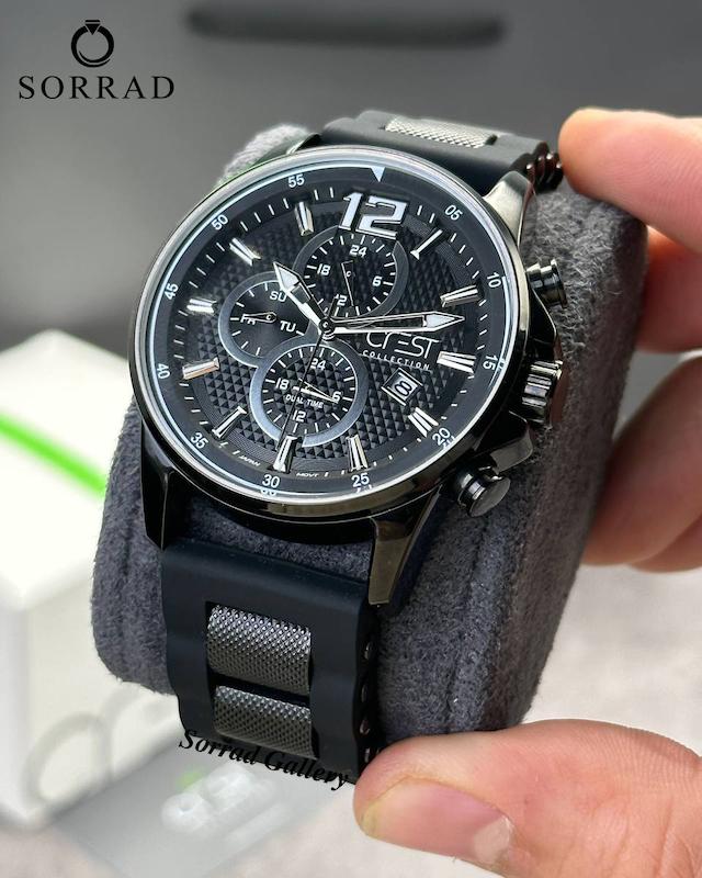 ساعت کرست اسپرت / فول دیت 3موتوره بند رابر رنگ مشکی صفحه مشکی-سیلور (اورجینال)