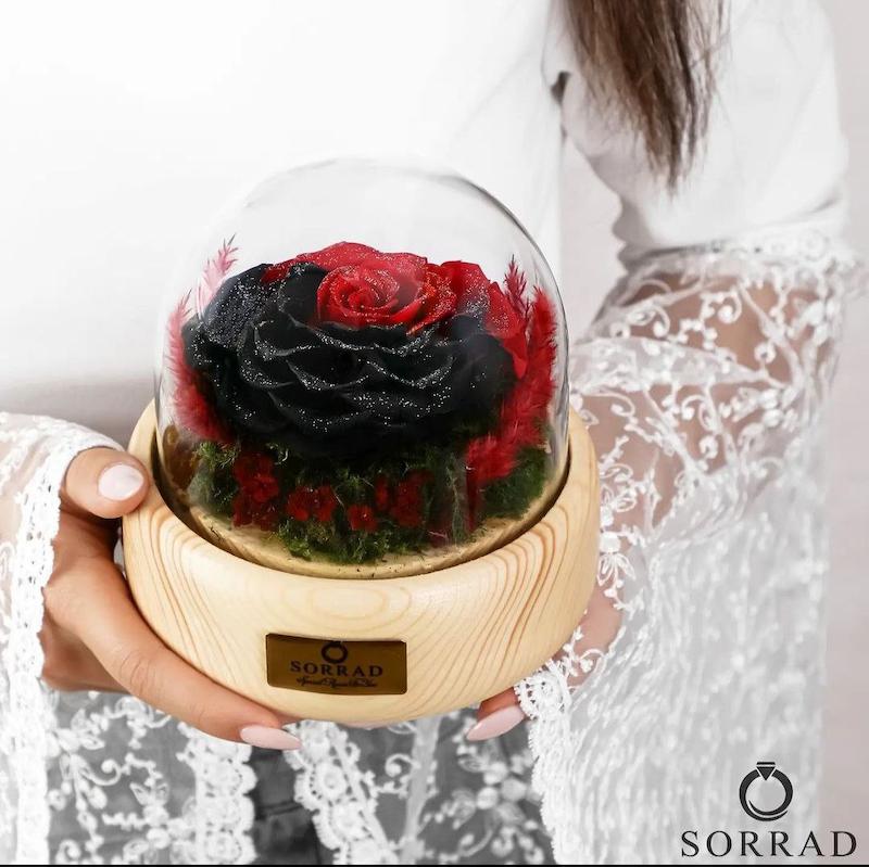 باکس چوبی گوی شیشه ای/ گل رز قرمز-مشکی