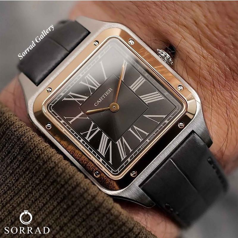 ساعت کارتیر مردانه / اتومات بند چرمی رنگ مشکی صفحه مشکی-طلایی