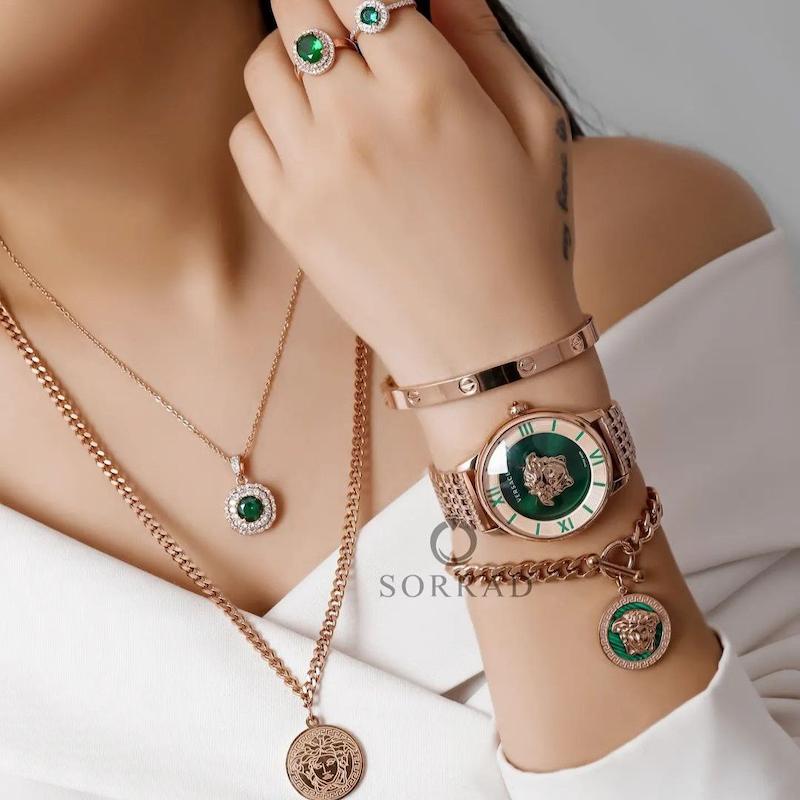 ساعت ورساچه زنانه / ساده بند حصیری استیل رنگ رزگلد صفحه سبز-رزگلد