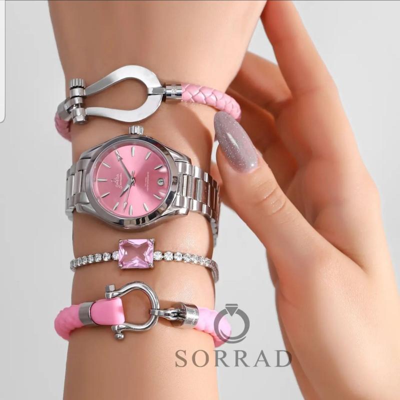 ساعت امگا سی مستر زنانه / اتومات بند استیل رنگ سیلور صفحه صورتی-سیلور