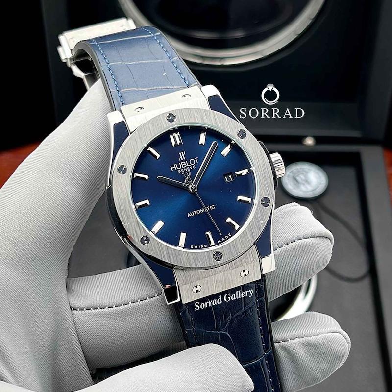 ساعت هابلوت مردانه / اتومات بند چرمی رنگ سرمه ای صفحه سرمه ای-سیلور