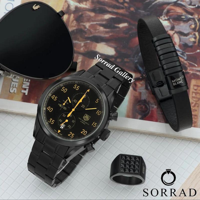 ساعت تگ هویر مردانه/ کورنوگراف بند استیل رنگ مشکی صفحه مشکی-زرد