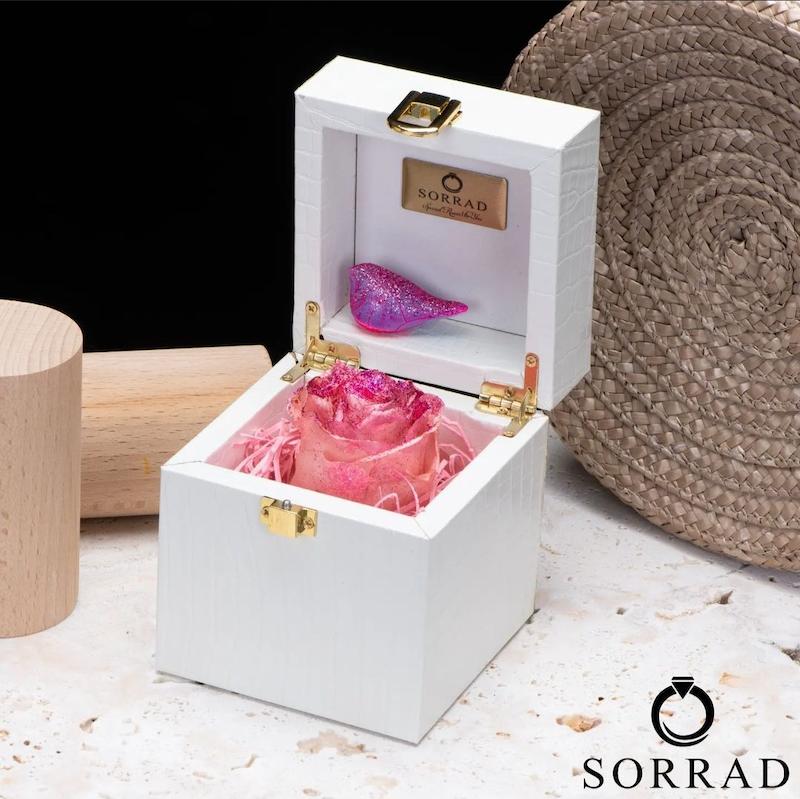 باکس چرمی گل و پرنده  تک خونه / گل رز صورتی کهکشانی