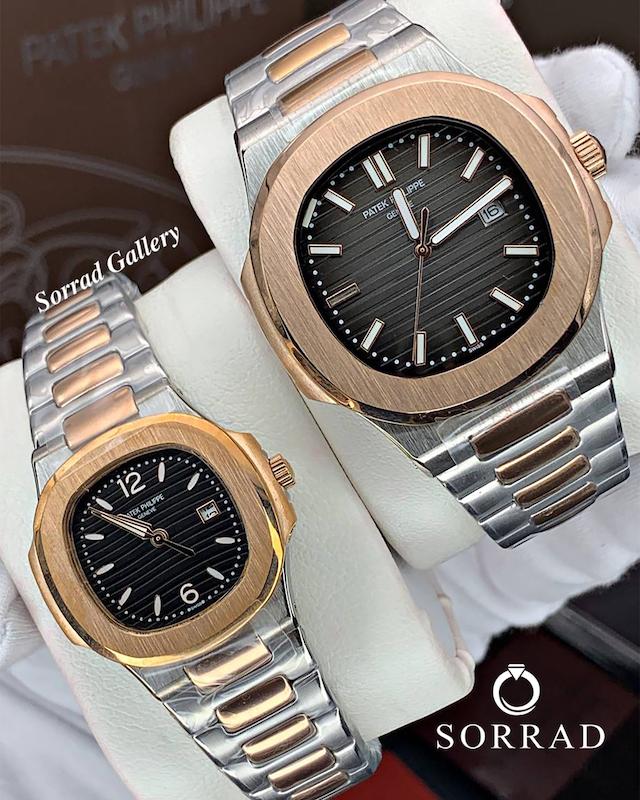 ساعت پتک فیلیپ مردانه و زنانه / ساده بند استیل رنگ سیلور-طلایی صفحه مشکی-طلایی