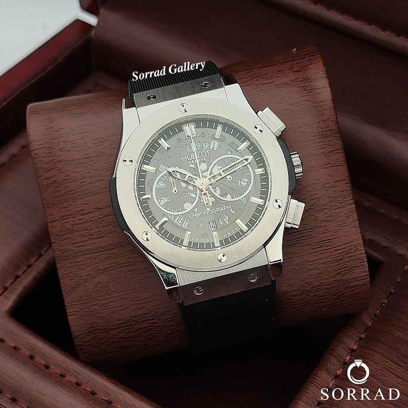 ساعت هابلوت مردانه / کورنوگراف بند رابر رنگ مشکی صفحه سیلور