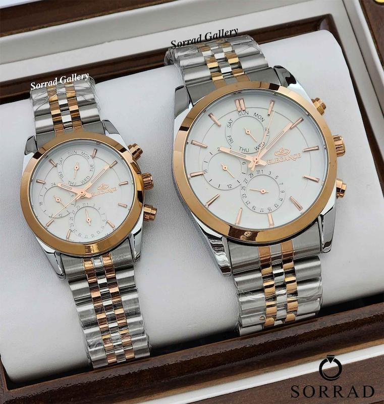 ساعت الگانس (ست) / کورنوگراف بند استیل رنگ سیلور-طلایی صفحه سیلور-طلایی