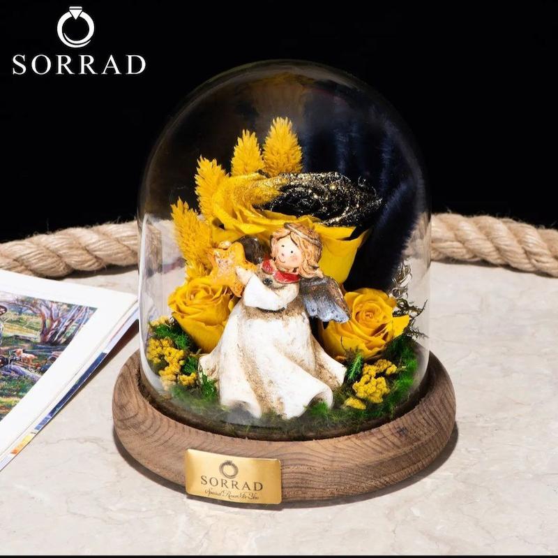 باکس فرشته چوبی جاودان شیشه ای  کهکشانی / گل رز کهکشانی زرد-مشکی