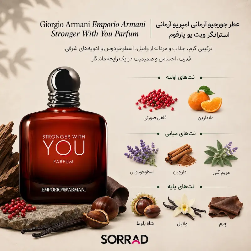 نت های عطر Stronger With You Parfum شامل فلفل صورتی نارنگی اسطوخودوس دارچین شاه بلوط وانیل و چرم